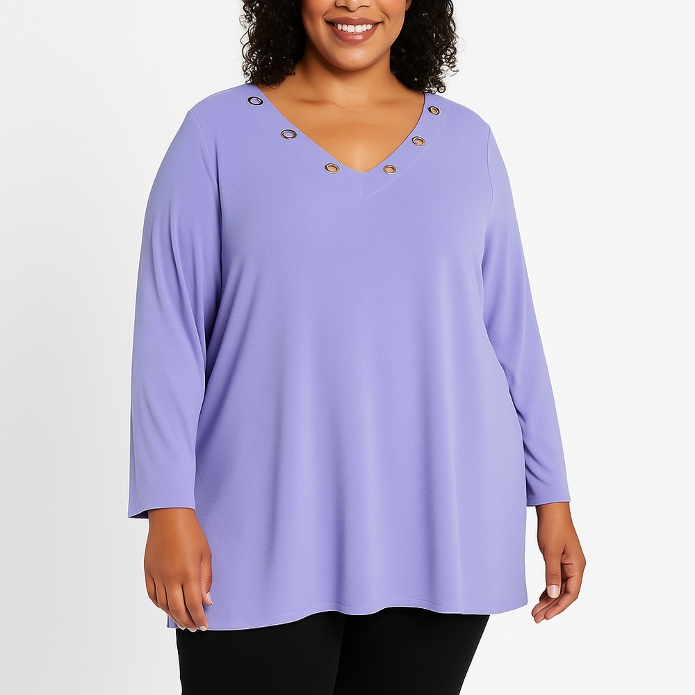 Avenue Womens Light Purple V Neck Grommet Long Sleeve Loose Fit Top 30/32